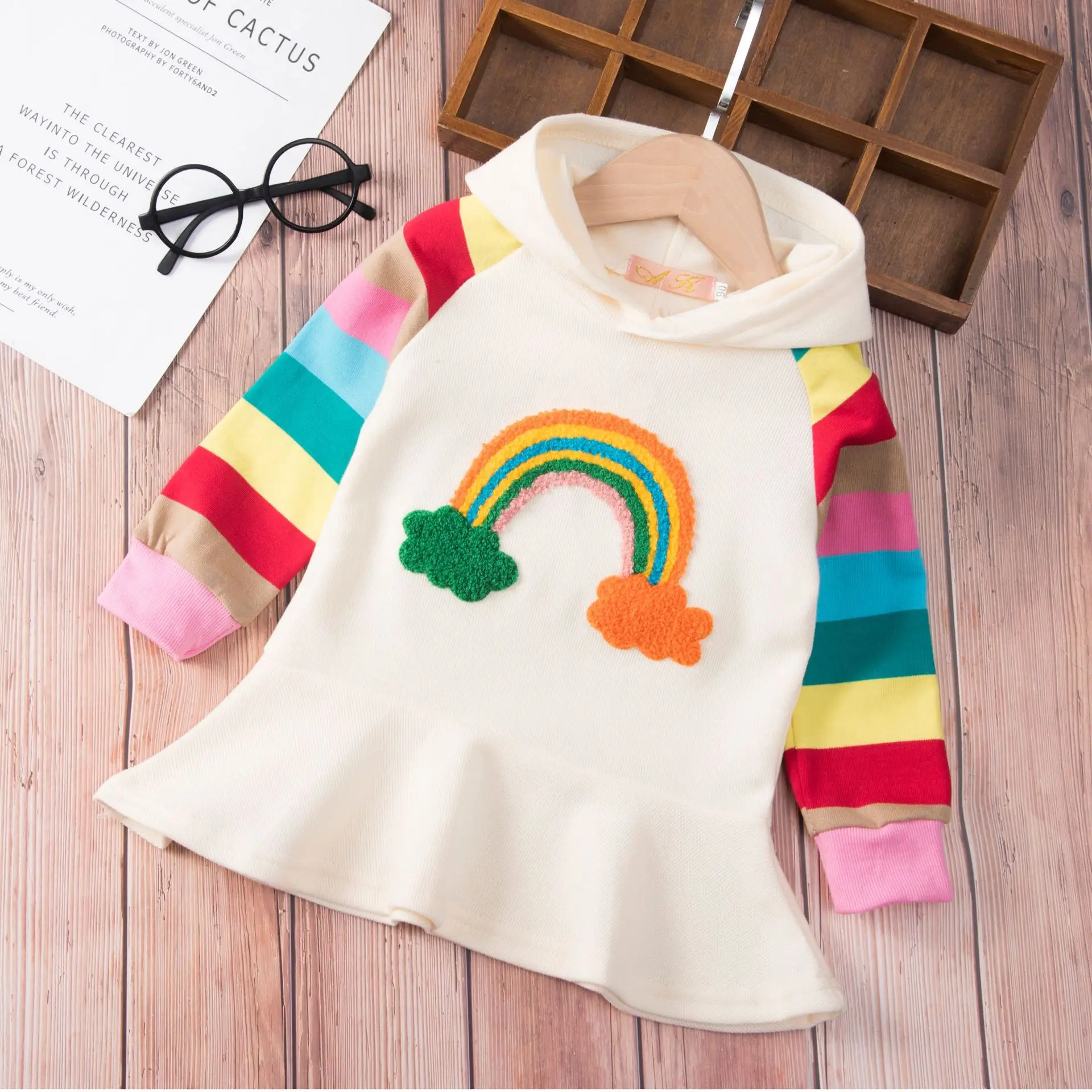 2 3 4 5 6 Year Girls Dress Hooded Long Sleeve Children Sweatshirt Dresses Rainbow Striped Cotton Kids Spring Fall Clothes