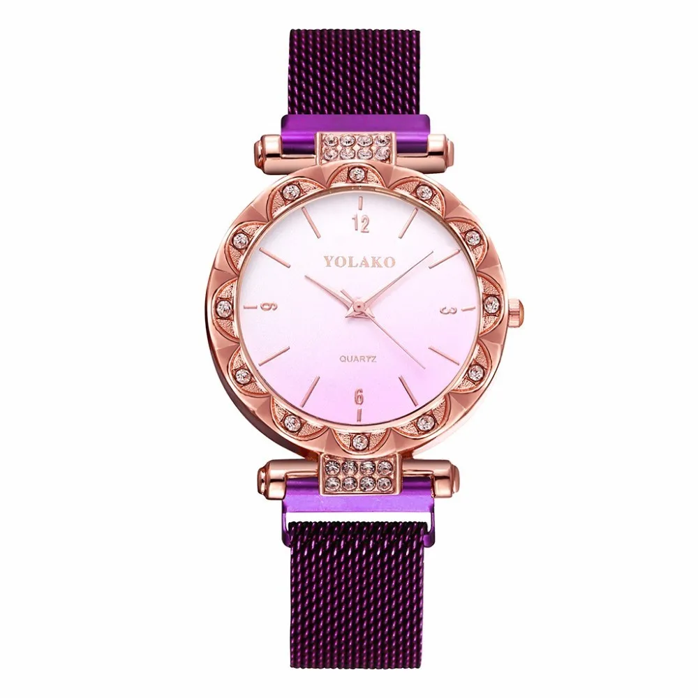 YOLAKO модные женские часы с магнитной пряжкой красочные кварцевые наручные часы Роскошные блестящие женские часы со стразами relogio feminino - Цвет: Purple