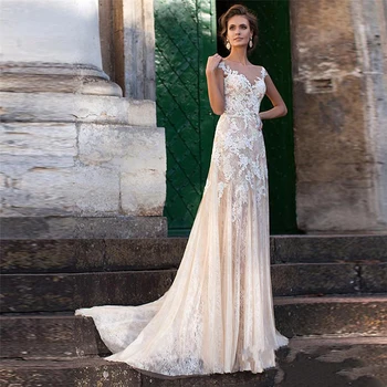 

Lace Bodice A Line Wedding Dress 2020 Appliques Sweep Train Bridal Dresses Custom Made Illusion Tulle Back Wedding Gowns H356