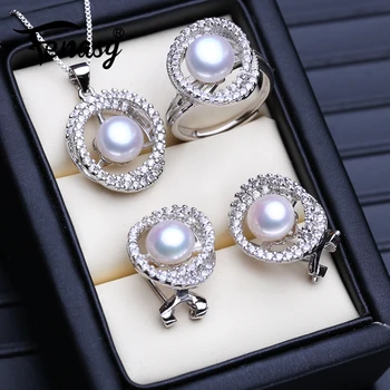 

FENASY 925 Sterling Silver Jewelry Sets Big Stud Earrings Flower Pendant Natural Pearl Necklaces For Women Party Ring Set