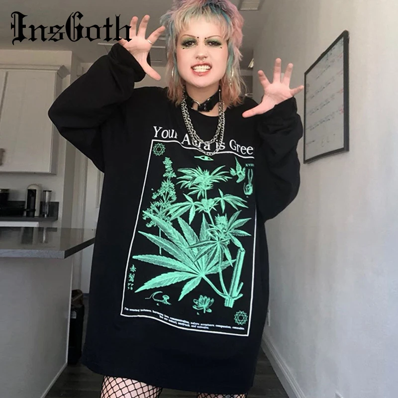  InsGoth Black Loose Hoodies Floral Printed Oversize Sweatshirts Women Gothic Harajuku Long Sleeve P