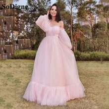 SoDigne Pink Tulle Prom Dress Detachable Sleeves Pleat Tiered Lady Formal Evening Gown Lace Floor Length Women Party Dress
