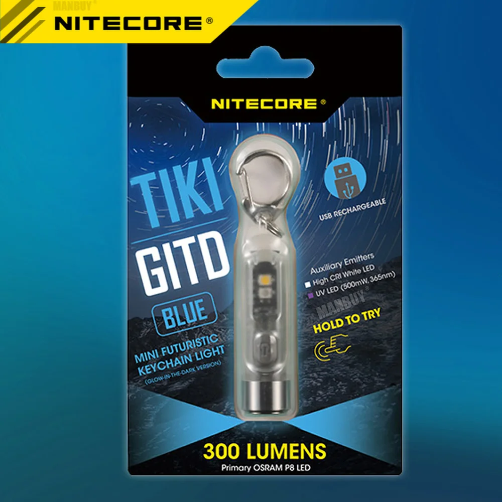 

Nitecore TIKI GITD BLUE TIKILE 3 Colors Light Rechargeable LED Keylight P8 300LM Built-in Battery Pack Mini Poket Flashlight