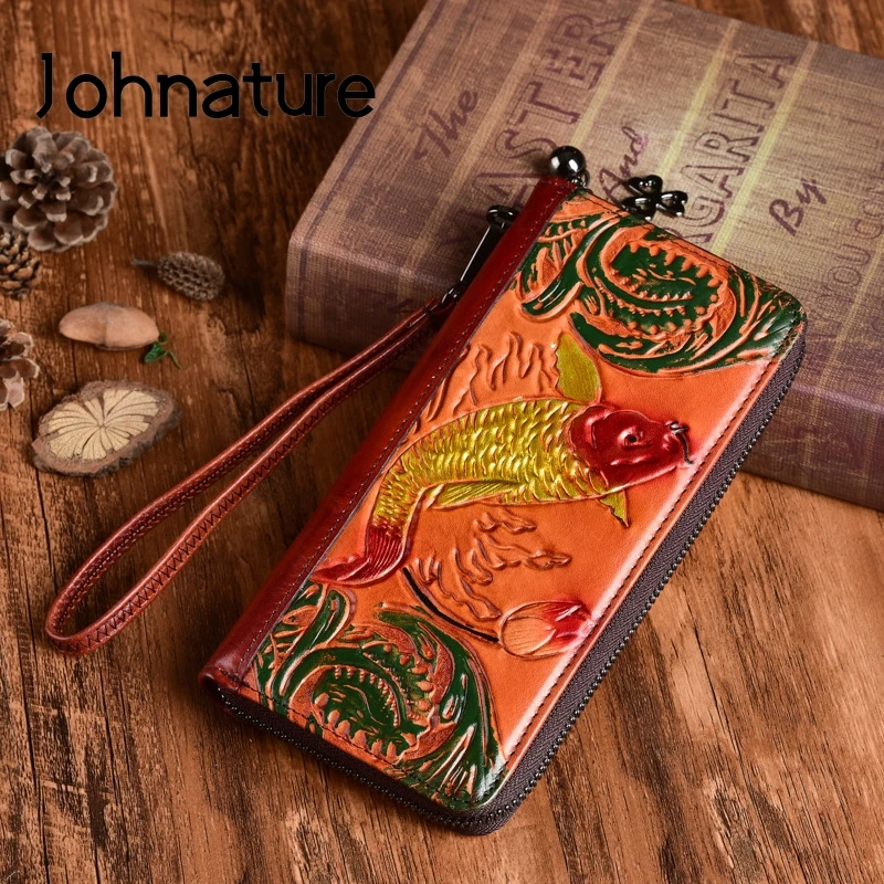 Женский бумажник в стиле ретро Johnature рельефный клатч из натуральной кожи