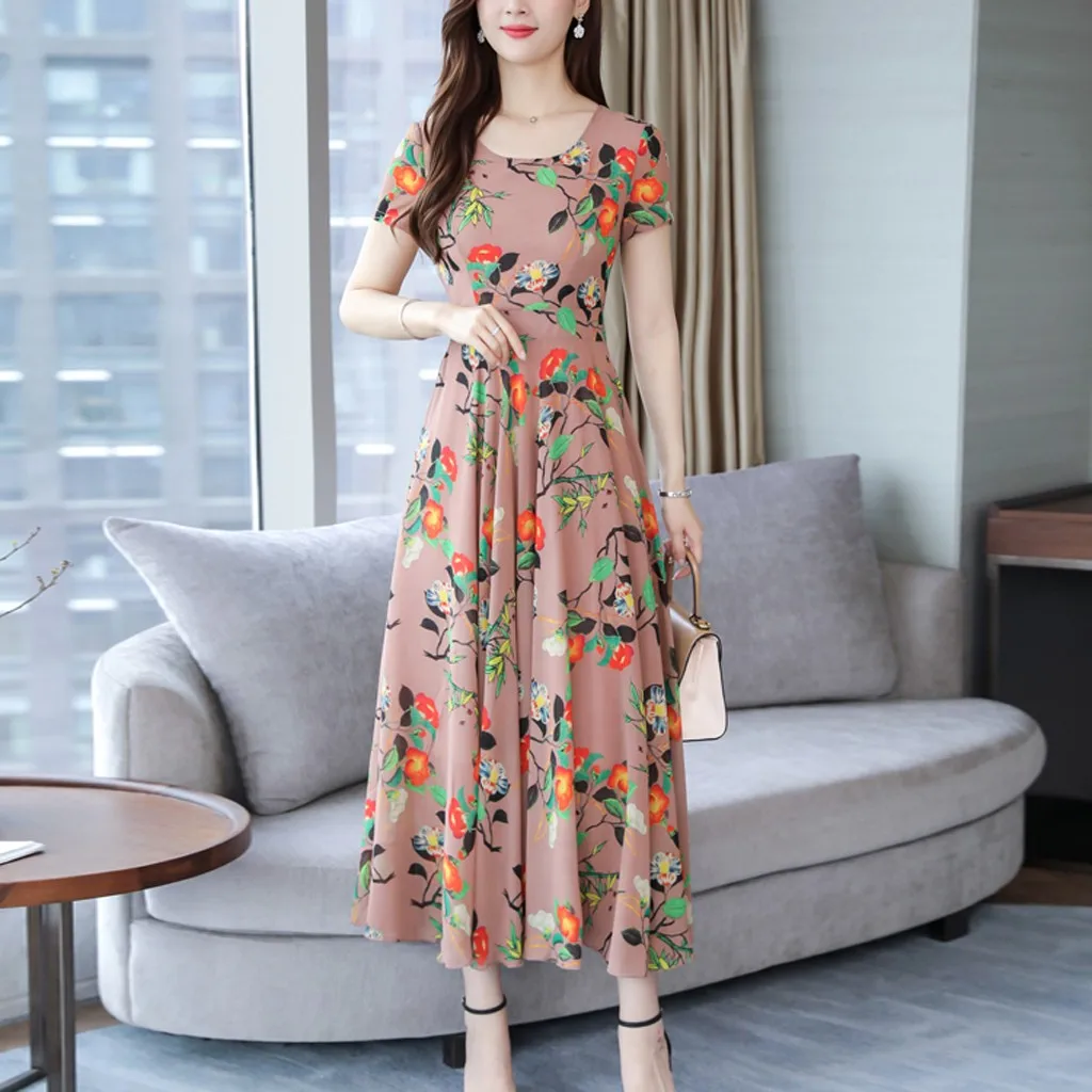Богемное женское платье, плюс размер, 3XL, модное летнее платье с принтом, до середины икры, с коротким рукавом, с круглым вырезом, Имперское пляжное платье с принтом - Цвет: Розовый