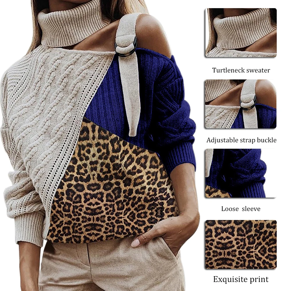Леопардовый лоскутный свитер с воротником-хомутом, женские сексуальные цветные вязаные свитера с открытыми плечами, пуловер с длинными рукавами и рукавом летучая мышь, топы