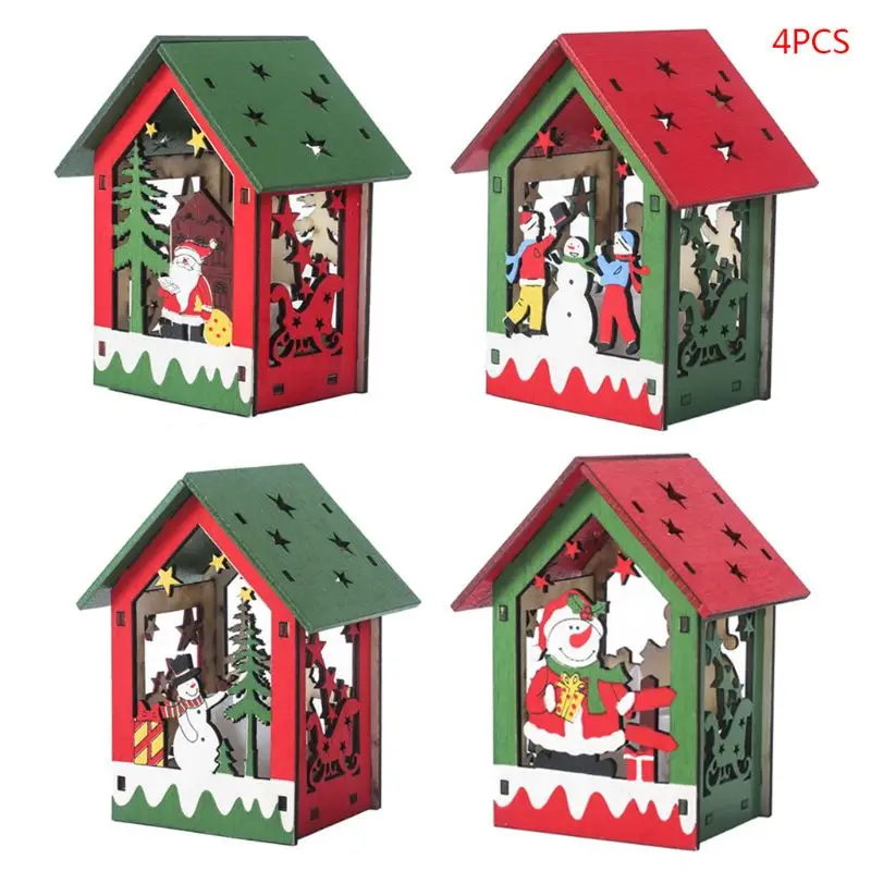 

4pcs/set LED Light DIY Wooden House Villa Christmas Ornaments Hanging Xmas Tree M76D