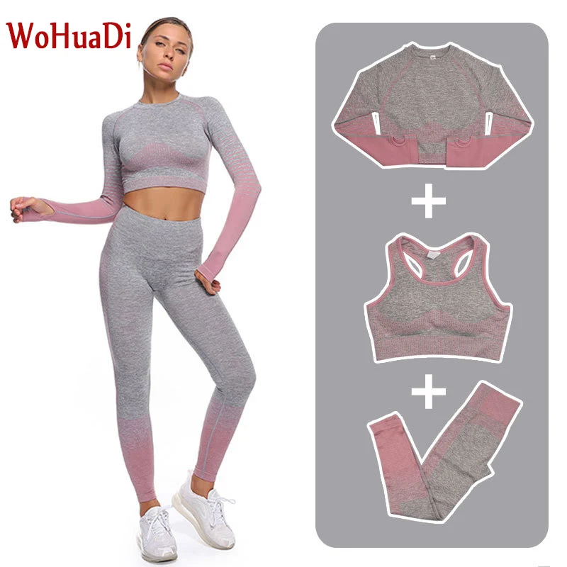 

WOHUADI 2/3Pcs Yoga Sets Women's Clothing Seamless Gym Fitness Sports Bra+Shirt +High Waist Leggings Stripe Sportswear Female