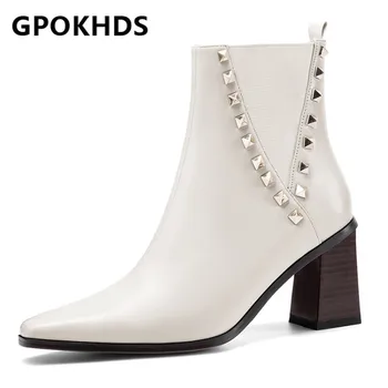 

GPOKHDS 2021 women Ankle boots Cow leather Winter short plush Square Toe Zipper Rivet High heels female boots size 40