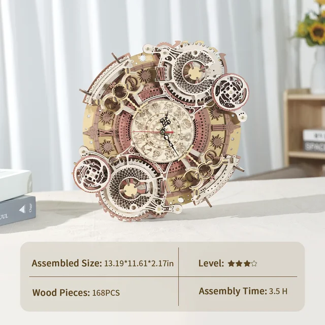 Robotime ROKR LC601 Zodiac Wall Clock 3d Wooden Puzzle Model Building Gifts for Dropshipping 3