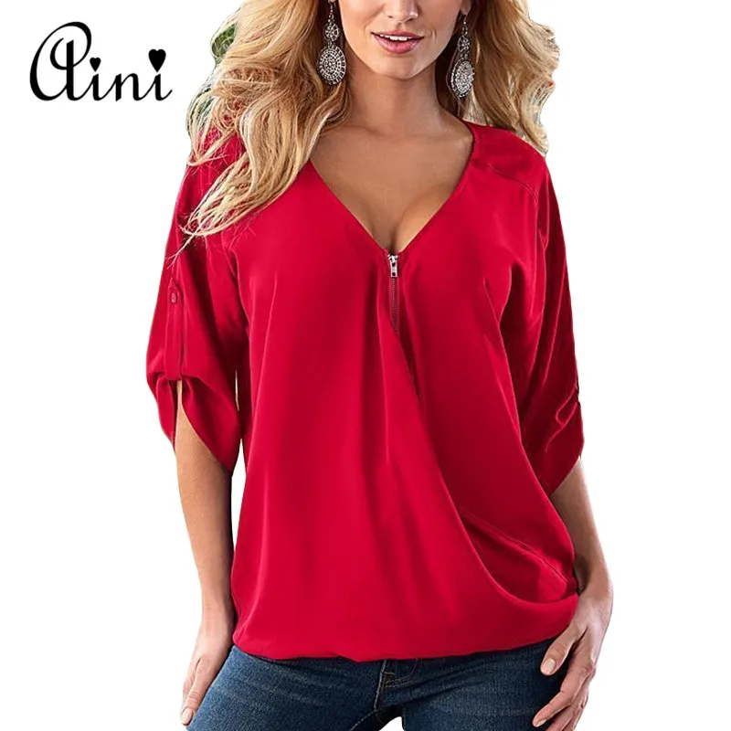 

Plus Size 5XL Women Tops and Blouse 2019 Elegant Half Sleeve Black Solid V-Neck Zipper Shirt Female Loose Casual Blouses Blusas