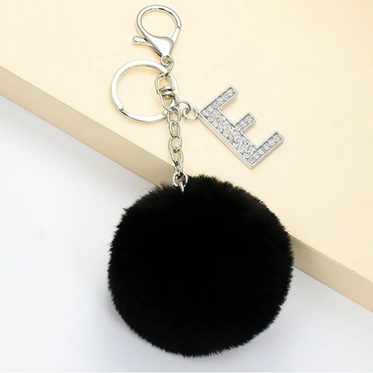 Letter A-Z Fluffy Black Pompom Faux Rabbit Fur Puff Ball Keychains Crystal  Letters Rings Key Holder Hook Up Chain Accessories - AliExpress