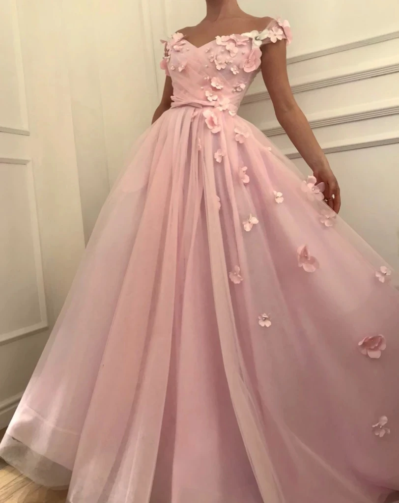 

Pink Moroccan Evening Dresses A-line Off The Shoulder Tulle Flowers Pearls Long Turkey Dubai Saudi Arabia Prom Dress Gown