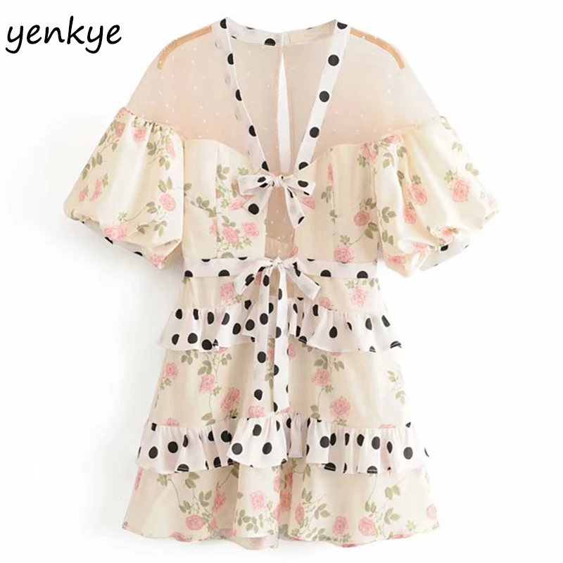 

Women Sexy Semi-sheer Mesh Patchwork Floral Print Party Dress Lady Lantern Sleeve Layered Ruffle Lace Up Mini Dress Summer