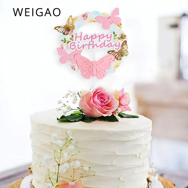 

WEIGAO 1pcs Flower Happy Birthday love Cake Topper Baby Shower Girl Birthday Party Baking Decoration Wedding cupcake Decoration