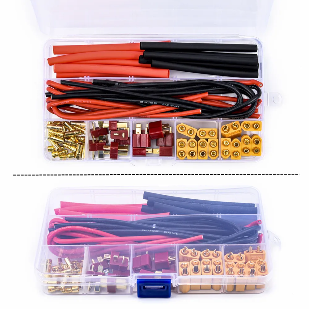 66Pcs/Box Deans T-Plug Plug/ XT60 XT-60 Plug/ 3.5mm Gold Banana Plug/ Bullet Male Female Connector Adapter with 14 Gauge Silic