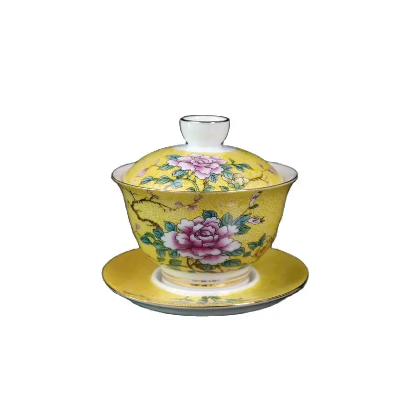 

Chinese Old Porcelain Cover Bowl With Yellow Ground And Pastel Floral Pattern Chinese Tea Bowl