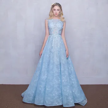 

Sky Blue Lace Long Evening Dresses 2020 Jewel Neck Evening Gown Floor Length Party Dress Abiti Da Cerimonia