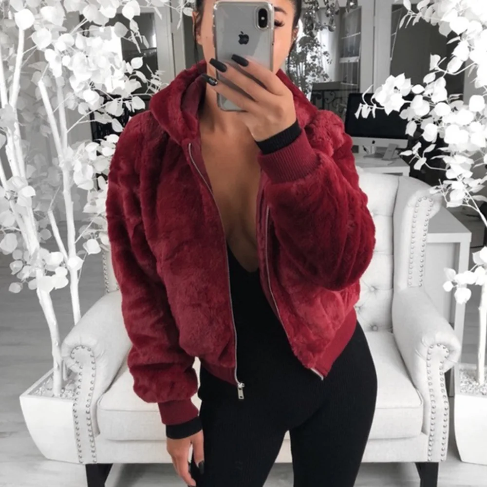 Faux Fur Coat Women With Hood New Oversize Coats High Waist Female Slim Fit Overcoat Tops Winter Warm Plush Jackets Outwear