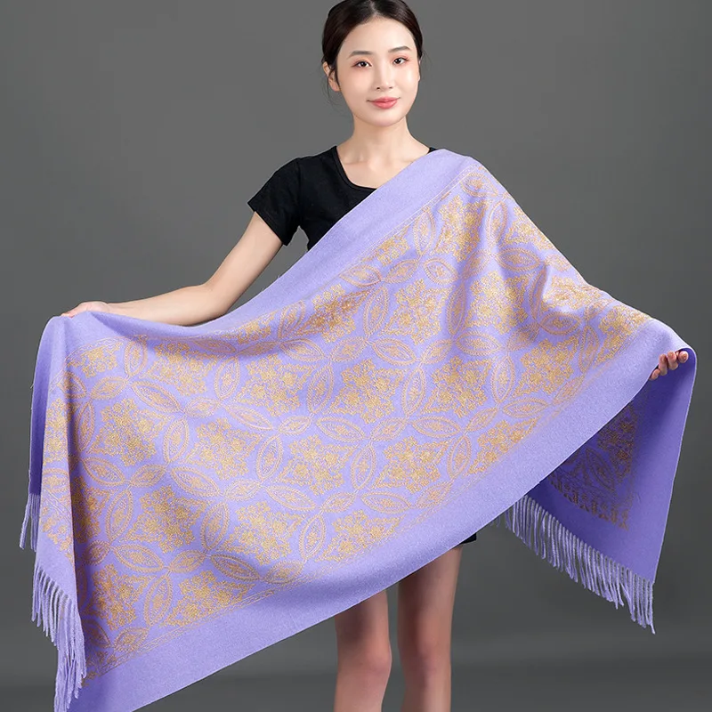 Autumn Winter New Cashmere Pashmina Scarves Female Warm Long Blanket Thick Shawls Travel All-match Gold Thread Embroider Wraps 2