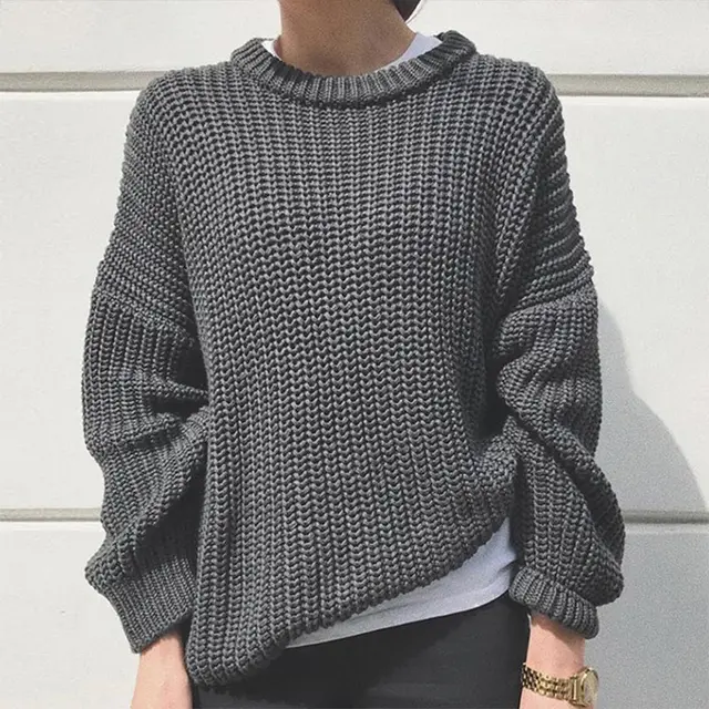 Women Solid Knitted Thickening Oversized Sweater Female Round Neck Long Sleeve Casual Loose Pullovers Top 2021 Autumn Winter Gray 03