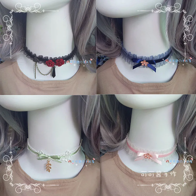 

Handmade DIY soft sister lolita Harajuku lace collar necklace rose clavicle chain Japanese Gothic Meng necklace Female