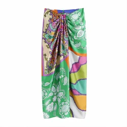 Saias femininas 2021 za verão ruched impressão vintage midi saia longa mulher elegante cintura alta volta zíper dividir saias femininas