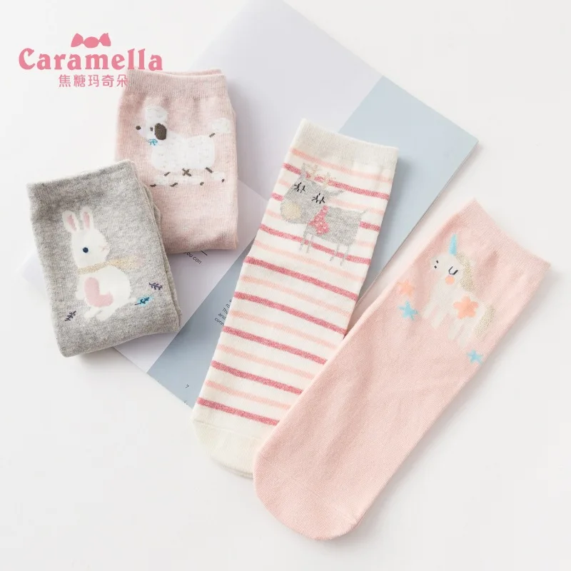 2018 Caramella 4 pairs/box Cartoon Animals Cotton Women/men Autumn Painting Crew girl Short Socks Cute Harajuku Tide Casual
