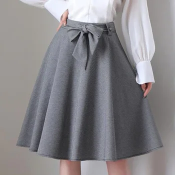

Bowknot Houndstooth Skirt Cotton Autumn Winter Vintage Gray High Waist A Line Draped Umbrella Skater Work Skirts For Women