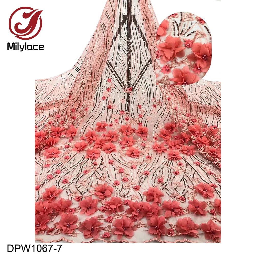 Milylace 3D цветок, французское кружево Ткань 5 ярдов блестящее Тюлевое кружево с пайетками ткань с бисером аппликации для свадебной вечеринки DPW1067