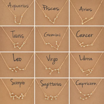 Cardboard Star Zodiac Sign 12 Constellation Necklaces Crystal Charm Gold Chain Choker Necklaces for Women Birthday Jewelry Gift