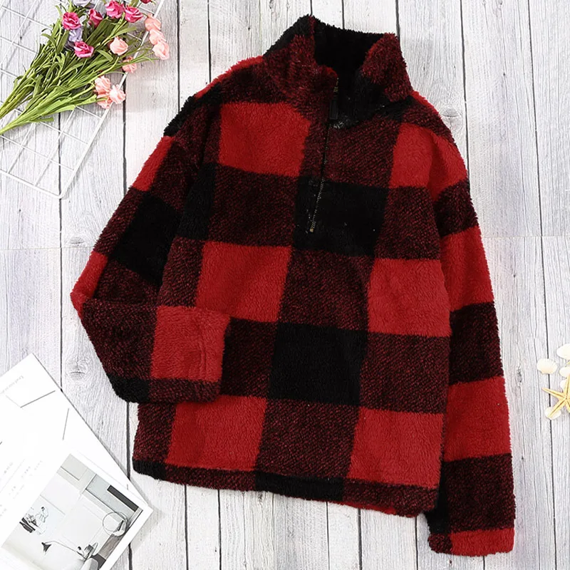 Women's Sweater 2021 New Autumn and Winter Plaid Printed Zipper Half Cardigan Casual Plush