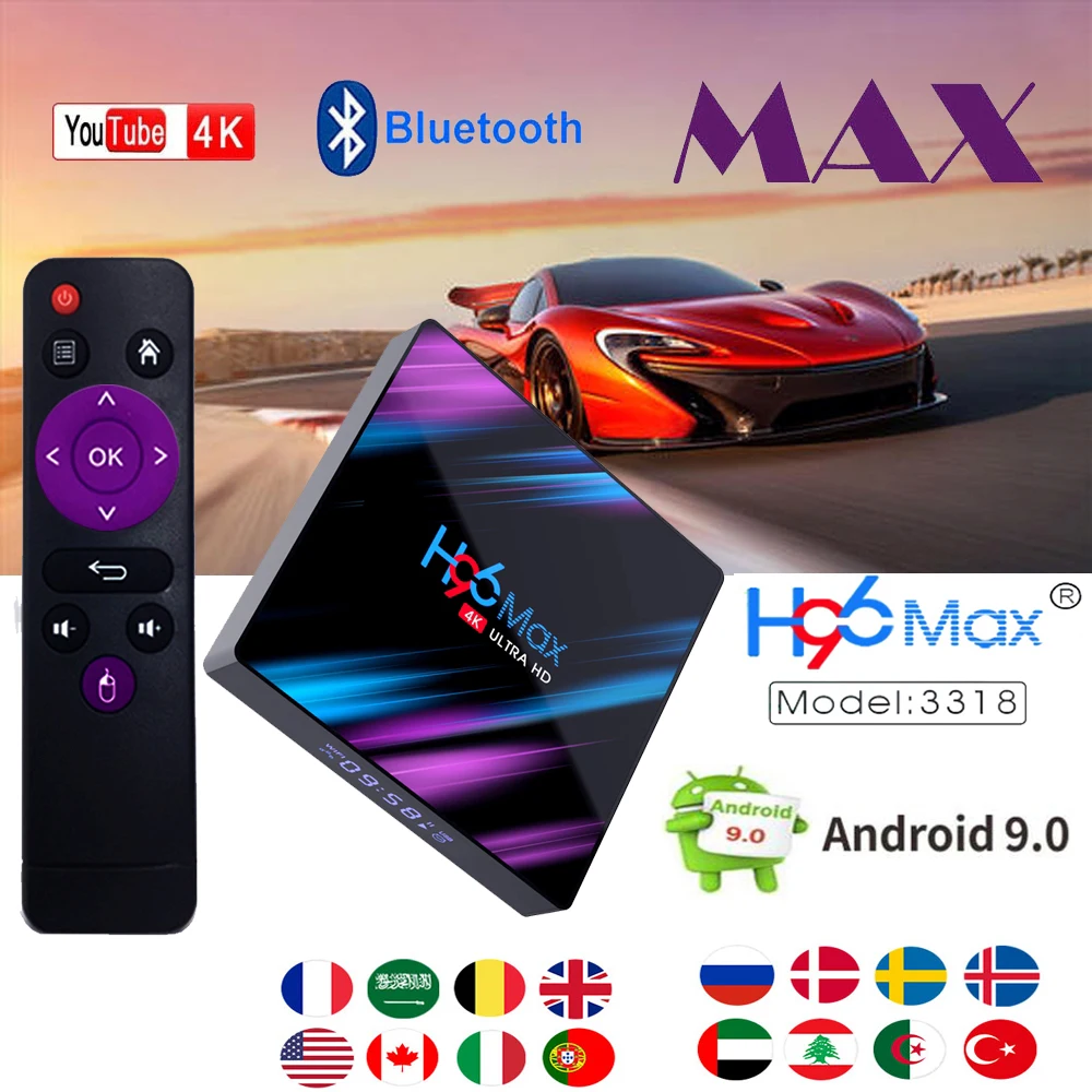 

H96 MAX 9.0 Smart TV Box Rockchip RK3318 4GB RAM 64GB ROM H.265 4K HDR 2.4G&5G Wifi Bluetooth 4.0 Android TV Box Netflix Youtube