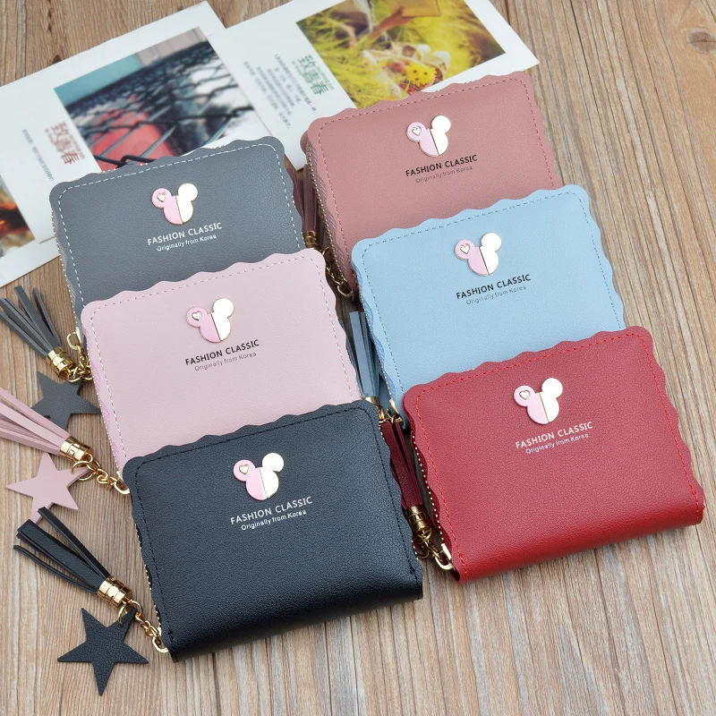 

2020 new woman pu wallet short zipper tassel female storage wallet Korean mini student coin purse card bag