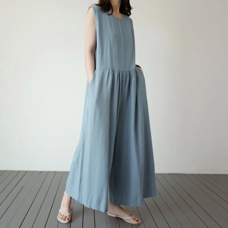 Johnature 2020 New Korean Casual Cotton Linen Sleeveless Loose Jumpsuits Women Summer Pockets Ankle-length Bodysuits