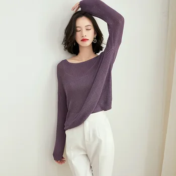 

New solid color round neck hollow long-sleeved knitted T-shirt women red