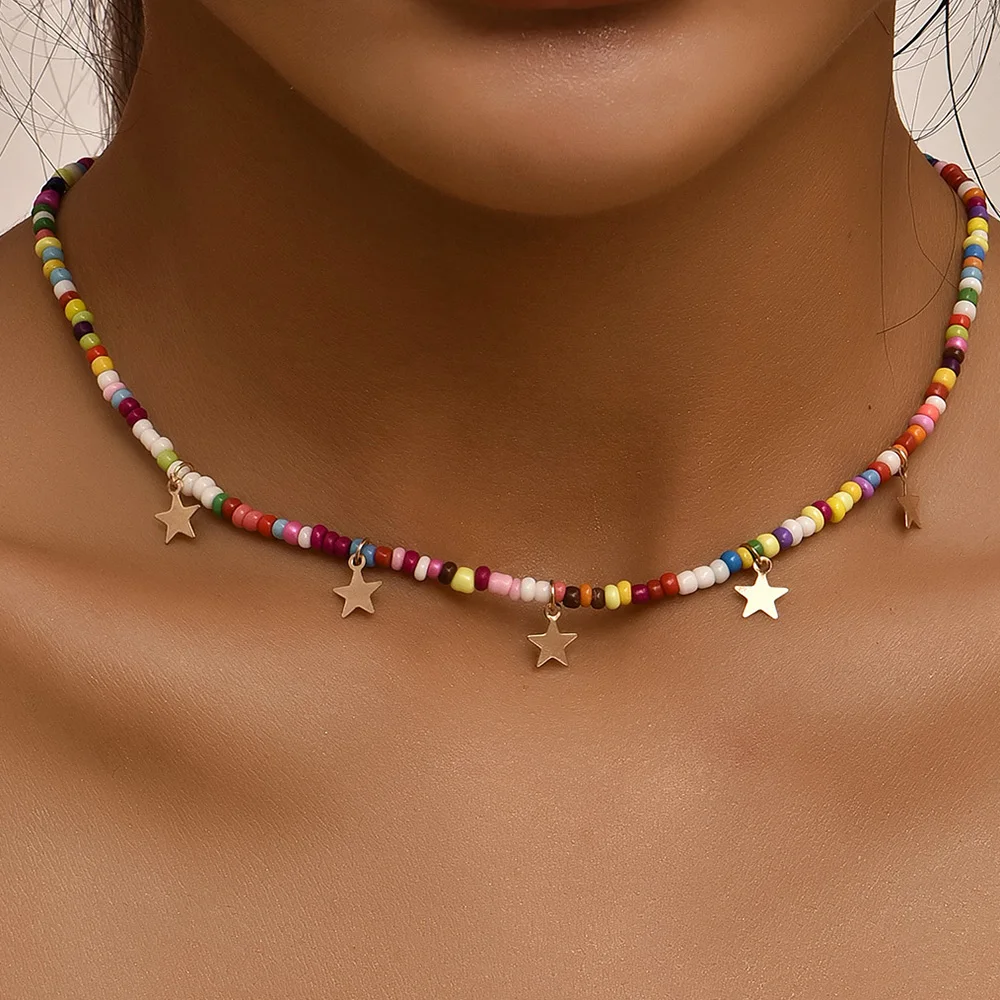 YWZIXLN-Cadena de cuentas coloridas para mujer, collar Vintage bohemio con borlas y estrellas, joyería para mujer, accesorios elegantes N096