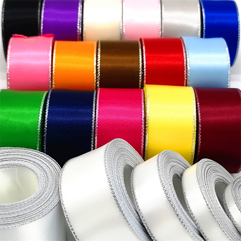 

5 yards 6mm-38mm Satin Ribbon Hight Quality Silver Metallic Edge Polyester Ribbon For Flower Gift Packing Wedding Decoration DIY