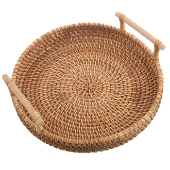 

Rattan Bread Basket Round Woven Tea Tray With Handles For Serving Dinner Parties Coffee Breakfast (8.7 Inches)