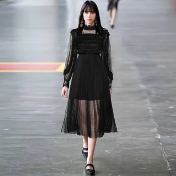 

Gedivoen Fashion Designer Spring Autumn Dress Women Stand Collar Patchwork Ruffles Pleated Dress Elegant Midi Dresses