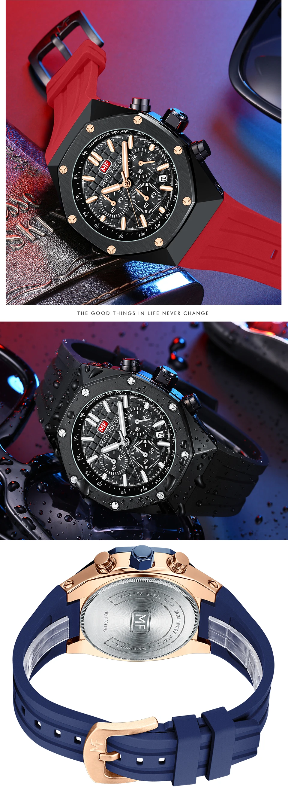 MINI FOCUS Polygon Design Alloy Quartz Wristwatch Luxury Brand Watch Men High Quality Silicone Chronograph Sport Waterproof Male