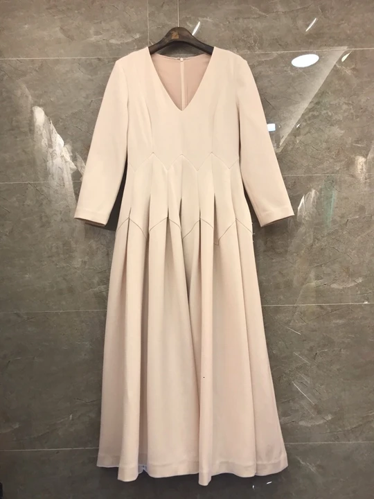 Autumn Early New V-neck Back Zipper Decorative Pleated Pure Long Sleeve Dress 1005