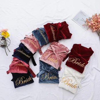 

Embroidery Bride Bridesmaid Wedding Robe Solid Velvet Warm Lady Kimono Gown Sleepwear Casual Bathrobe Gown Nightdress Homewear