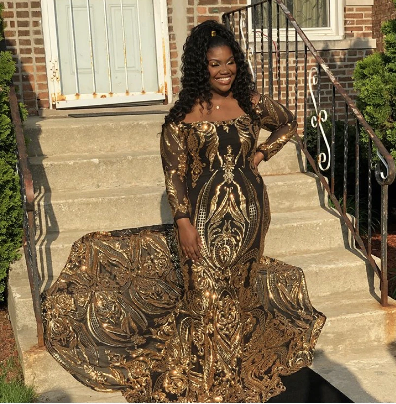 

Black With Gold Lace Plus Size New Pageant Prom Dresses Off-shoulder Long Sleeve Evening Dress Formal Gowns Vestido de festa