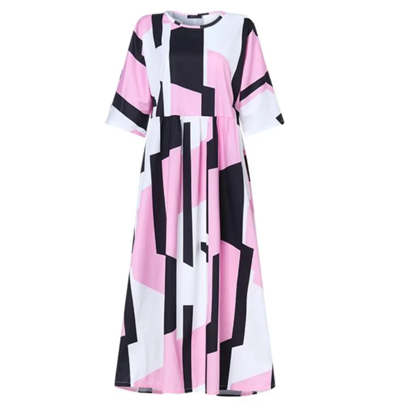 Летнее платье женское повседневное свободное с круглым вырезом средней длины