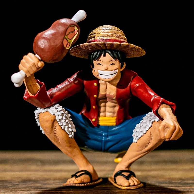

One Piece Manga Anime Figure Squatting Eat Ham Monkey D Luffy Portgas D Ace PVC Action Figurine Model Toys For Chrildren Gift