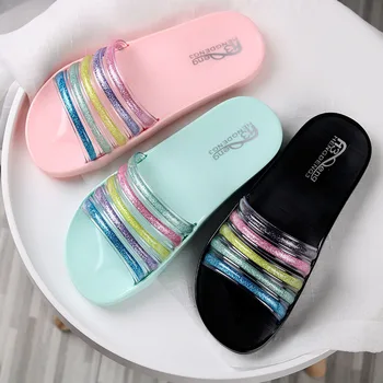 

2020 Women Slippers summer Beach new transparent rainbow indoor outdoor non-slip slippers wear Fashion Open Toe Flat slippers