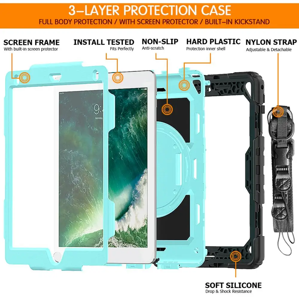 iPad Air 1/2 2017 2018 iPad 9.7 Case Cover For iPad 5/6th Generation For Tablet Shell Stand Protection Fundas Rotate Hand Strap