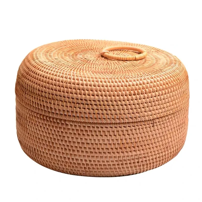 

Autumn Rattan Weave corbeille fruit basket Round organizers box dried fruit candy snacks dessert food storage container with lid