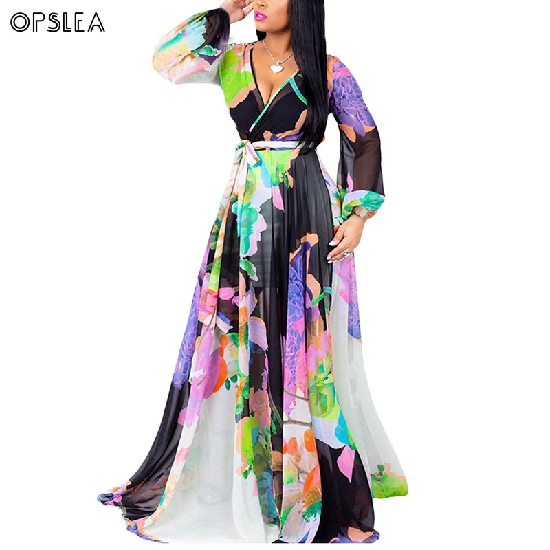Opslea Африканский женский v-образный вырез цифровой принт платья Дашики Новая модная сексуальная одежда Африканский классический плюс размер длинное платье